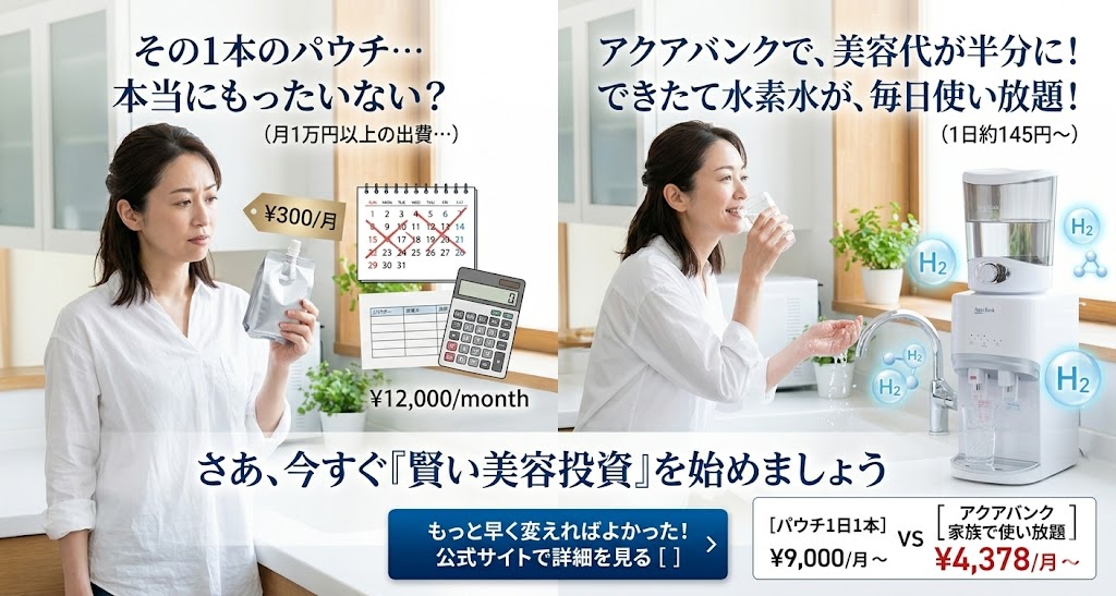 アクアバンクに変える。 それだけで、月々の美容代は半分になり、使える水素水の量は無限になります。